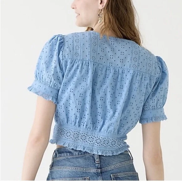 J. Crew NWT Eyelet Cropped Top Blouse Lace Covered Buttons BLACK medium - Picture 8 of 16